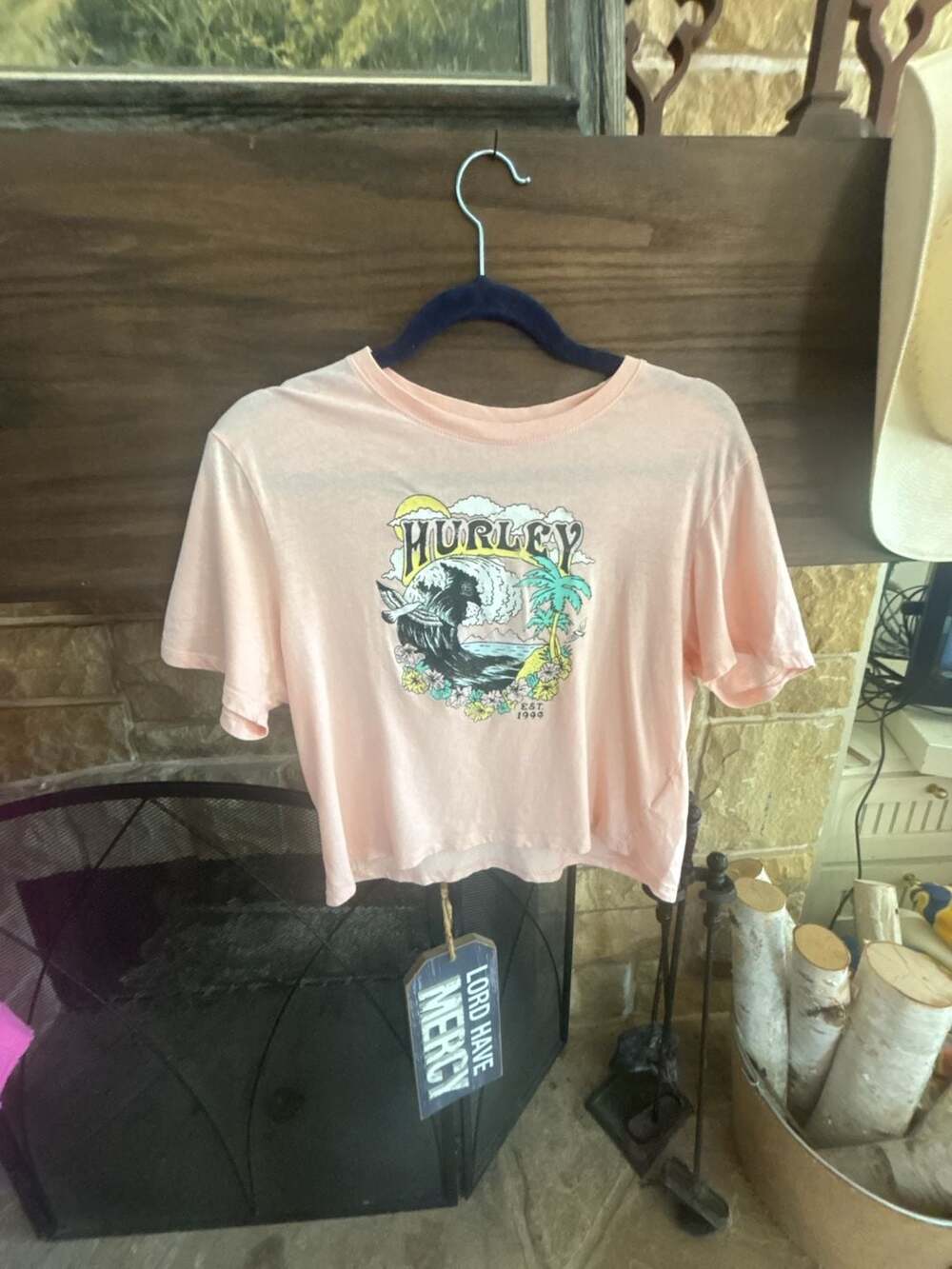 Hurley Women's Palm Tree Wave Graphic Crop T-Shirt Peach Size Small